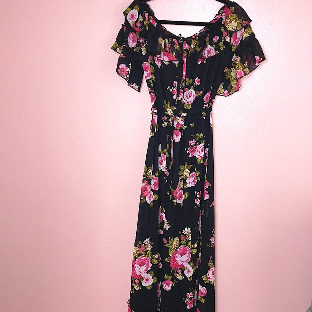 WAYF Ruffle Rose Chiffon Maxi Dress